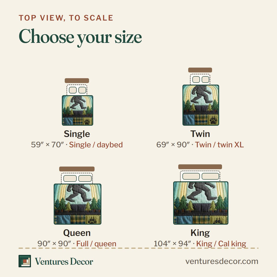 Size guide for the Forest Badge quilt, top view to scale: Single 59 x 70 in, Twin 69 x 90 in, Queen 90 x 90 in, King 104 x 94 in