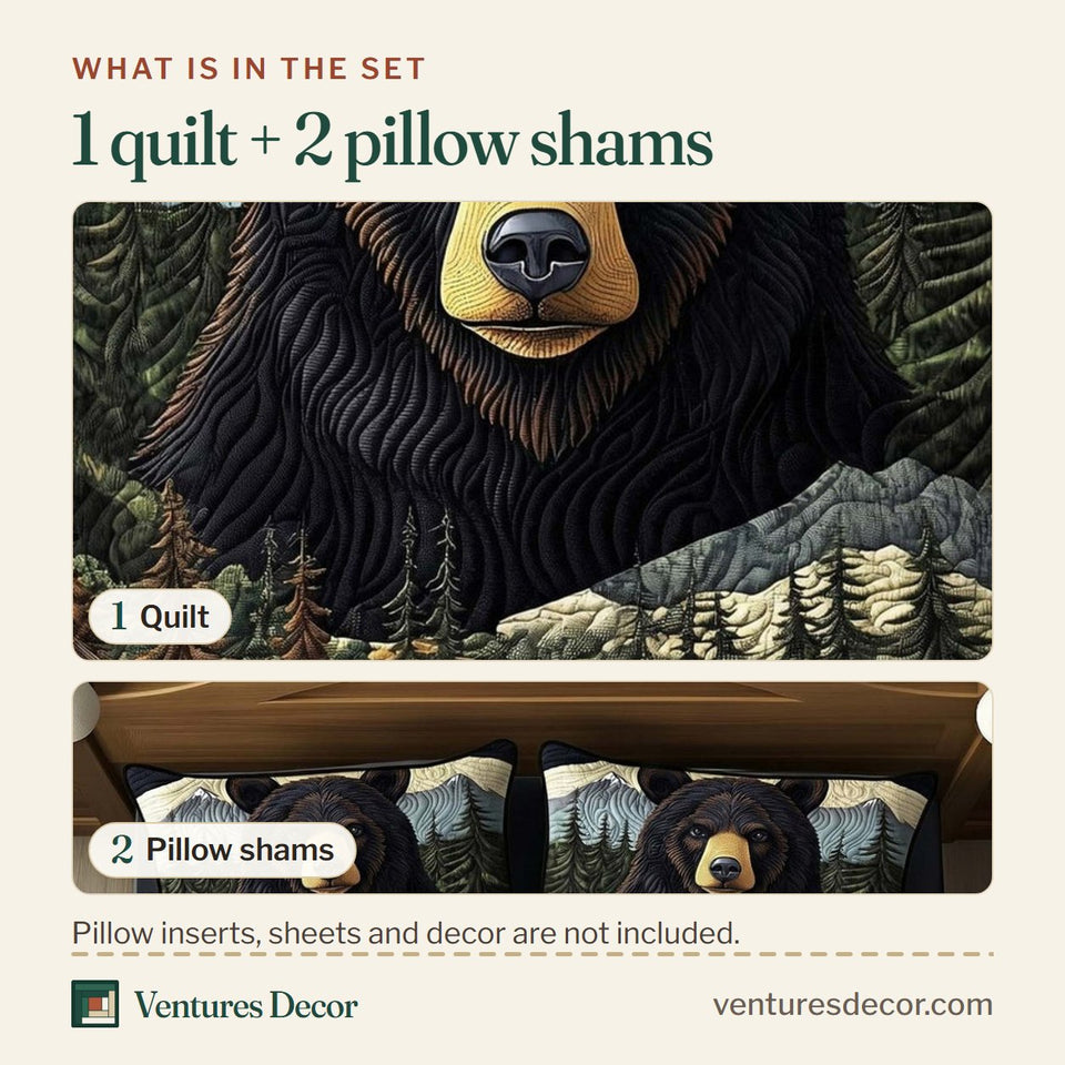 What is in the set: one quilt and two pillow shams, shown in the Forest Bear Black Bear Trailhead design