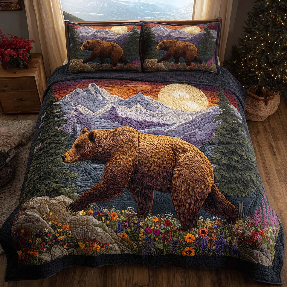 Forest Bear Moonlit Wildflower Walk quilted bedding set, quilt and two pillow shams on a made bed