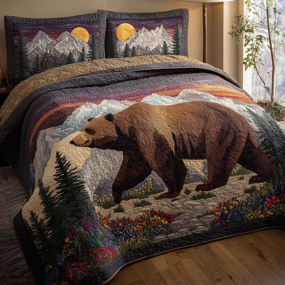 Forest Bear Rocky Ridge at Dusk quilted bedding set, quilt and two pillow shams on a made bed