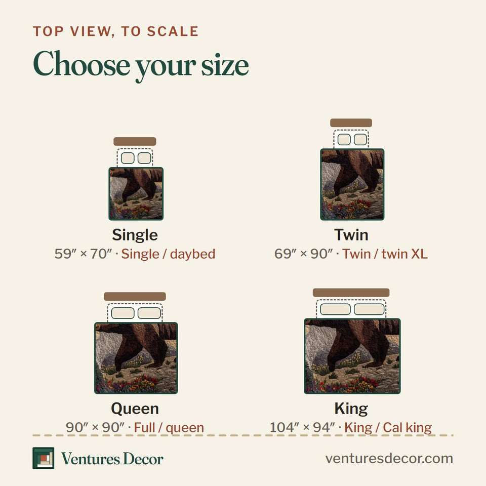 Size guide for the Forest Bear Rocky Ridge at Dusk quilt, top view to scale: Single 59 x 70 in, Twin 69 x 90 in, Queen 90 x 90 in, King 104 x 94 in
