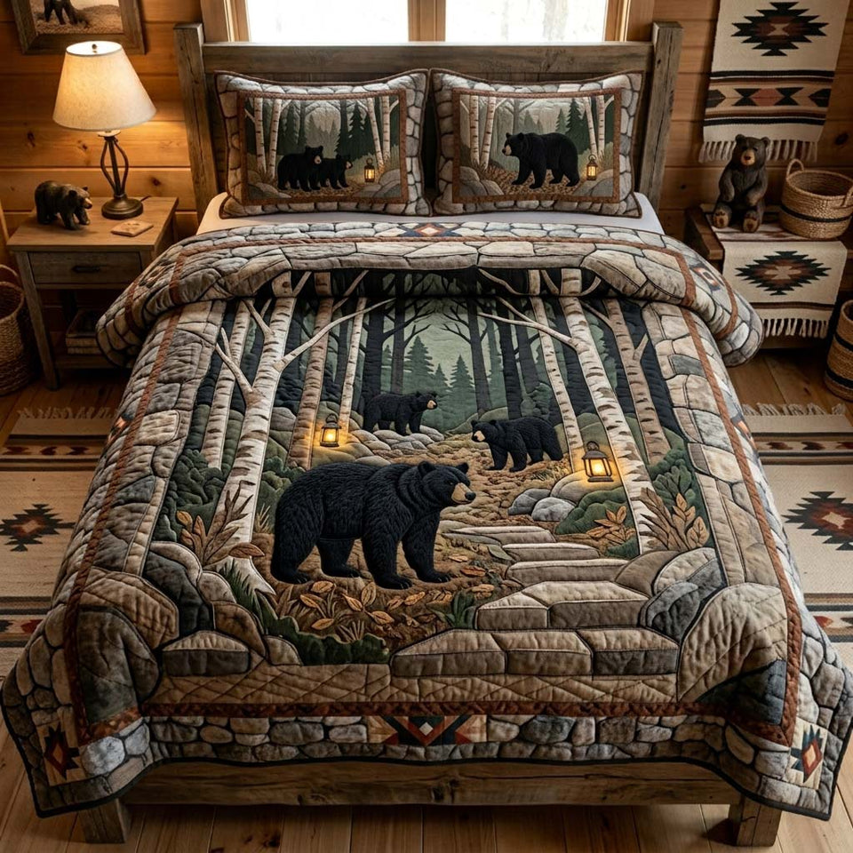 Forest Bear Trail quilted bedding set, quilt and two pillow shams on a made bed