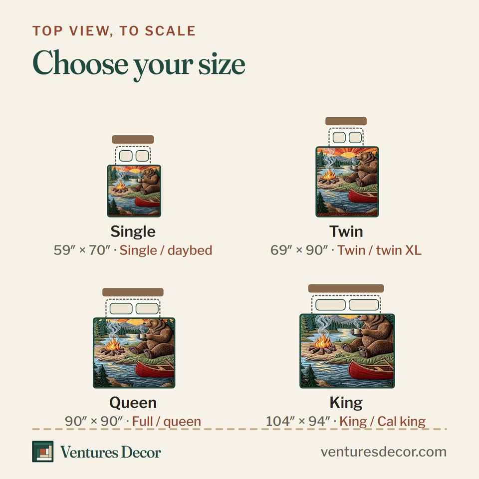 Size guide for the Forest Camper Canoe on the Sunset Lake quilt, top view to scale: Single 59 x 70 in, Twin 69 x 90 in, Queen 90 x 90 in, King 104 x 94 in