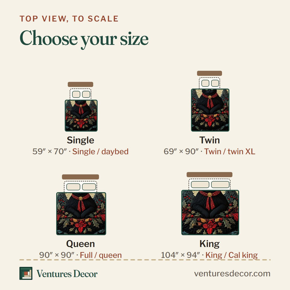 Size guide for the Forest Cat quilt, top view to scale: Single 59 x 70 in, Twin 69 x 90 in, Queen 90 x 90 in, King 104 x 94 in