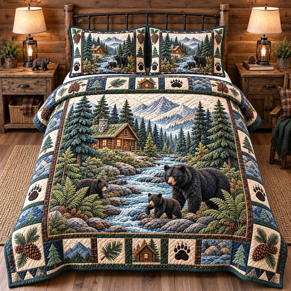 Forest Charm in Brown quilted bedding set, quilt and two pillow shams on a made bed