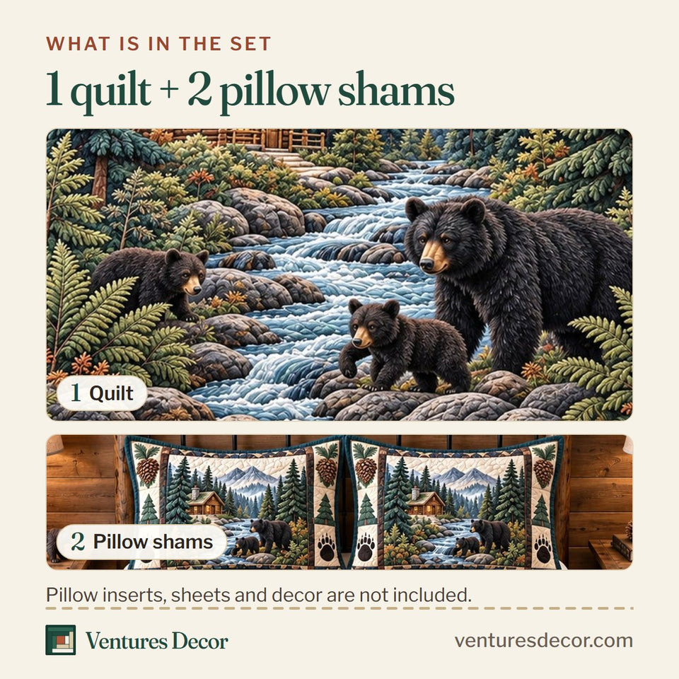 What is in the set: one quilt and two pillow shams, shown in the Forest Charm in Brown design