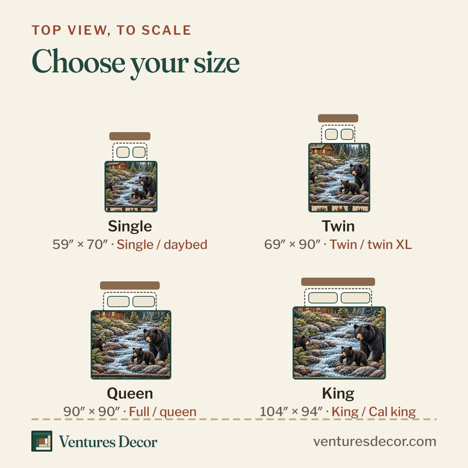 Size guide for the Forest Charm in Brown quilt, top view to scale: Single 59 x 70 in, Twin 69 x 90 in, Queen 90 x 90 in, King 104 x 94 in