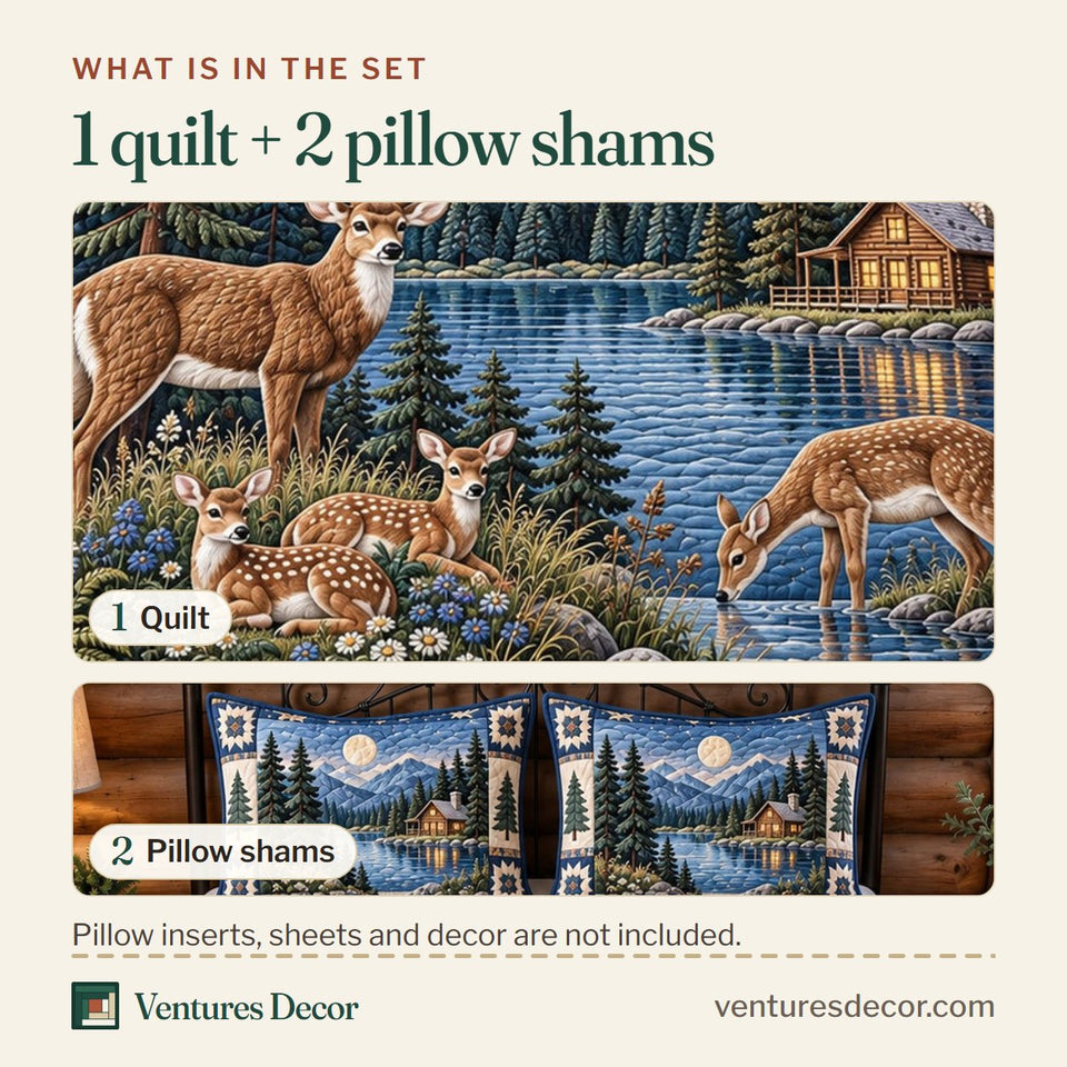 What is in the set: one quilt and two pillow shams, shown in the Forest Charm in Charcoal design