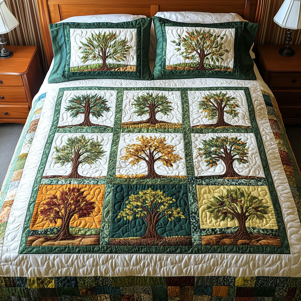Forest Charm Nine Tree Blocks in Green quilted bedding set, quilt and two pillow shams on a made bed