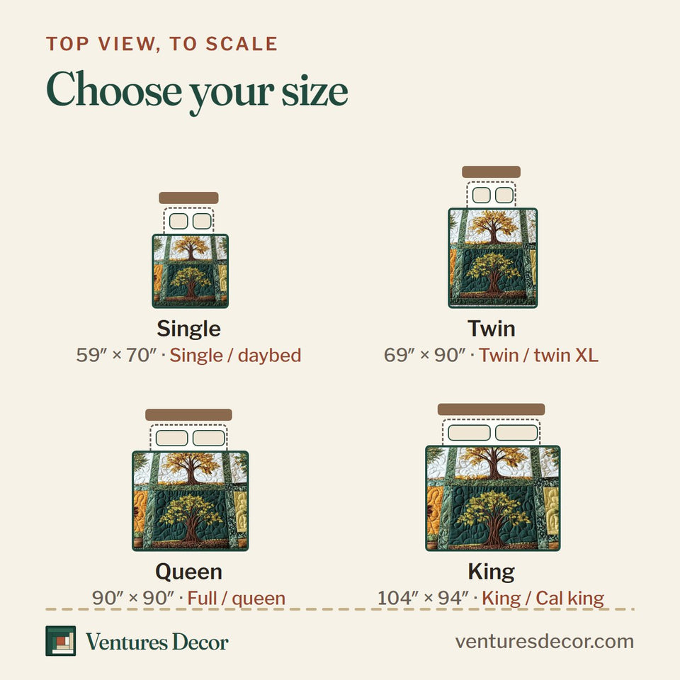 Size guide for the Forest Charm Nine Tree Blocks in Green quilt, top view to scale: Single 59 x 70 in, Twin 69 x 90 in, Queen 90 x 90 in, King 104 x 94 in