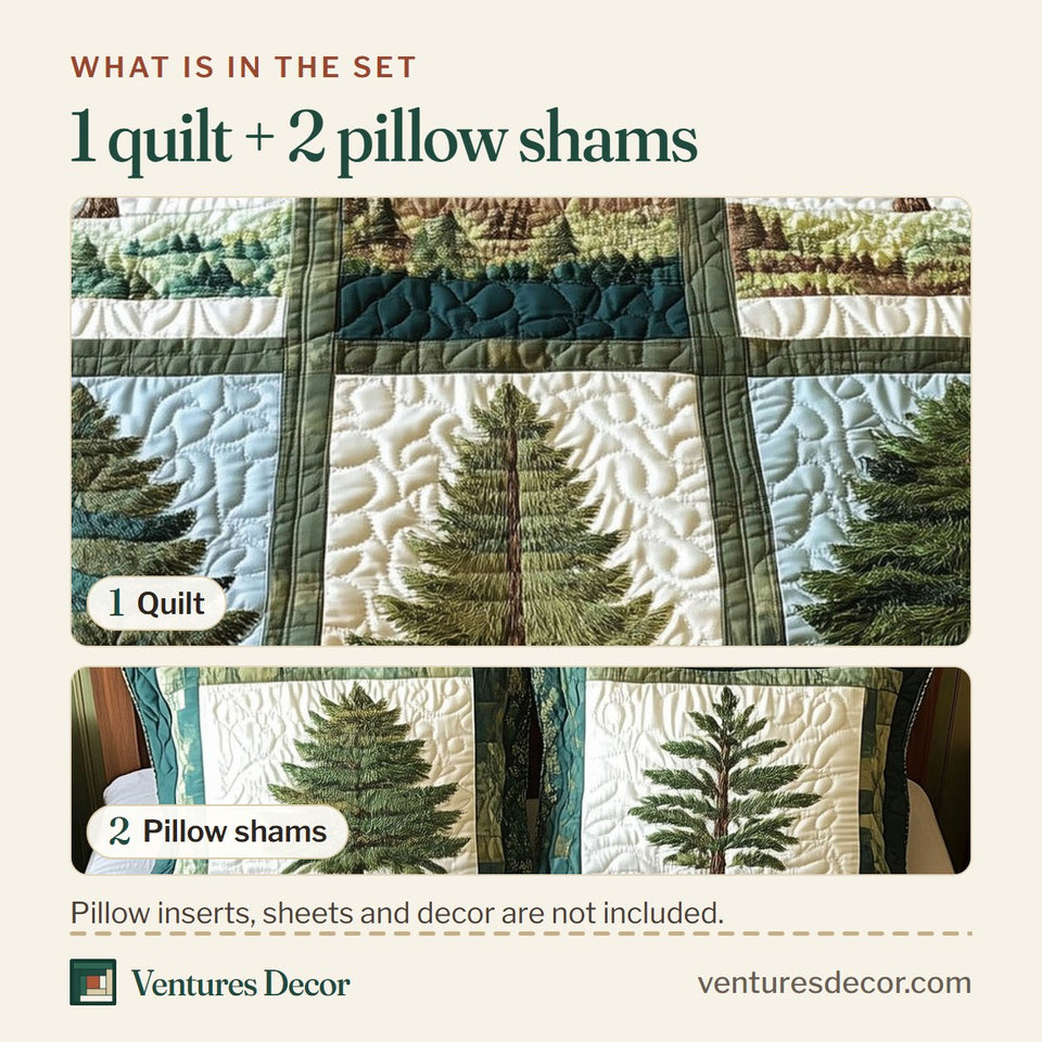 What is in the set: one quilt and two pillow shams, shown in the Forest Charm Sage Pine Sampler design