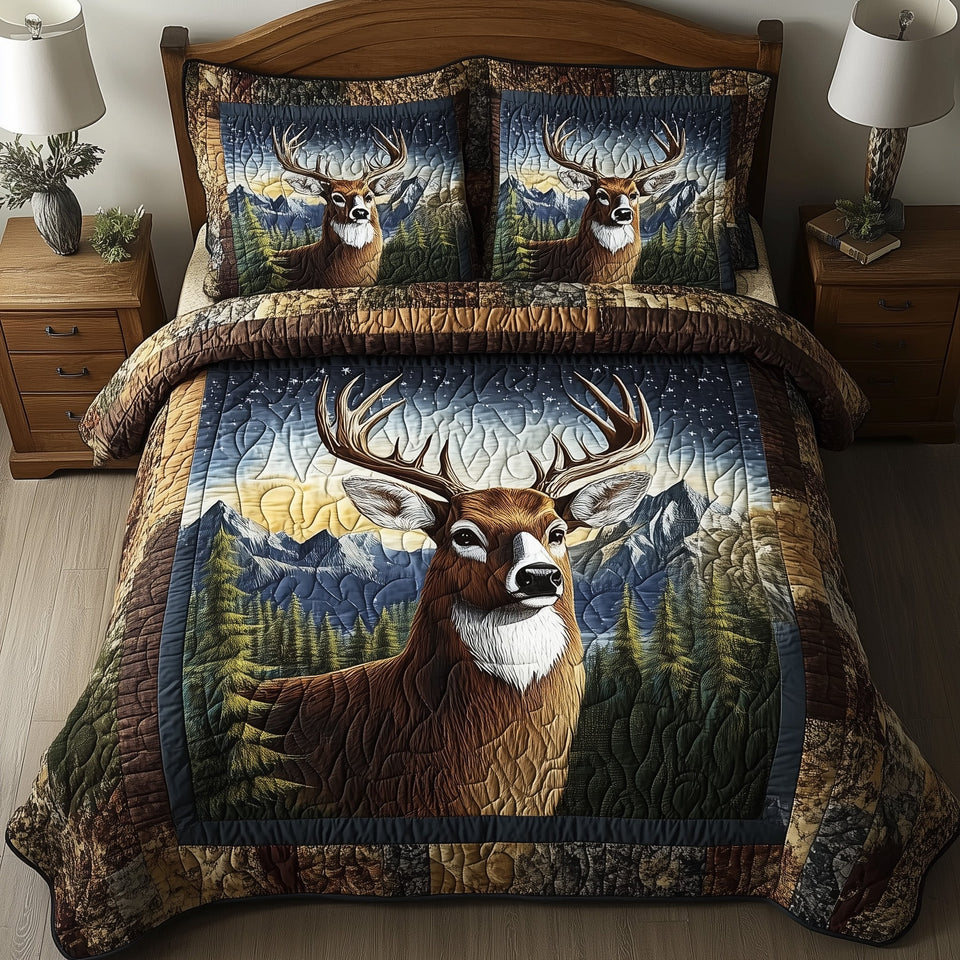 Forest Deer Navy Diamond Border Buck quilted bedding set, quilt and two pillow shams on a made bed
