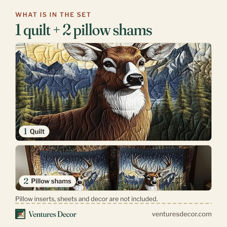 What is in the set: one quilt and two pillow shams, shown in the Forest Deer Navy Diamond Border Buck design