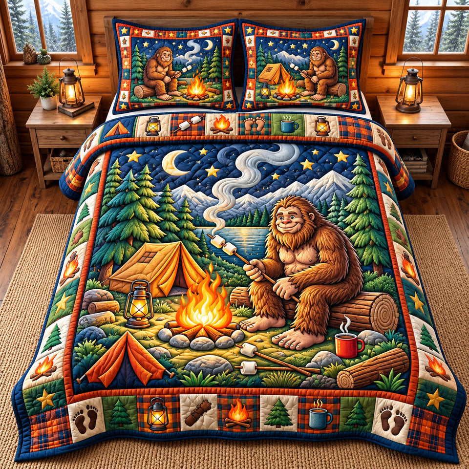 Forest Legend Bigfoot Believer quilted bedding set, quilt and two pillow shams on a made bed