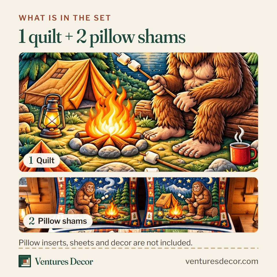 What is in the set: one quilt and two pillow shams, shown in the Forest Legend Bigfoot Believer Quilt Set, 3-Piece Quilted Bedding with 2 Pillow Shams design