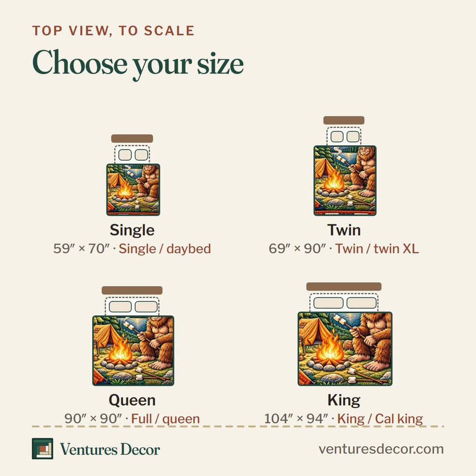 Size guide for the Forest Legend Bigfoot Believer Quilt Set, 3-Piece Quilted Bedding with 2 Pillow Shams quilt, top view to scale: Single 59 x 70 in, Twin 69 x 90 in, Queen 90 x 90 in, King 104 x 94 in