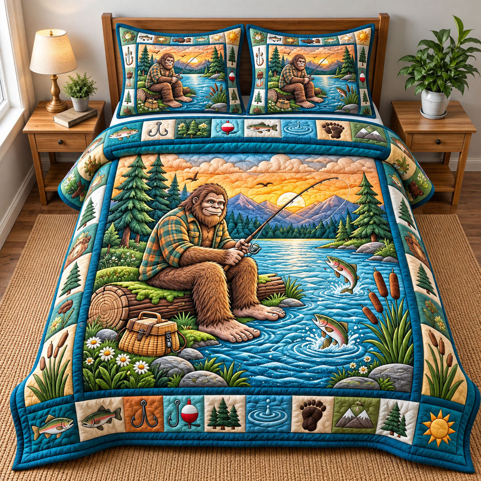 Forest Legend Bigfoot quilted bedding set, quilt and two pillow shams on a made bed