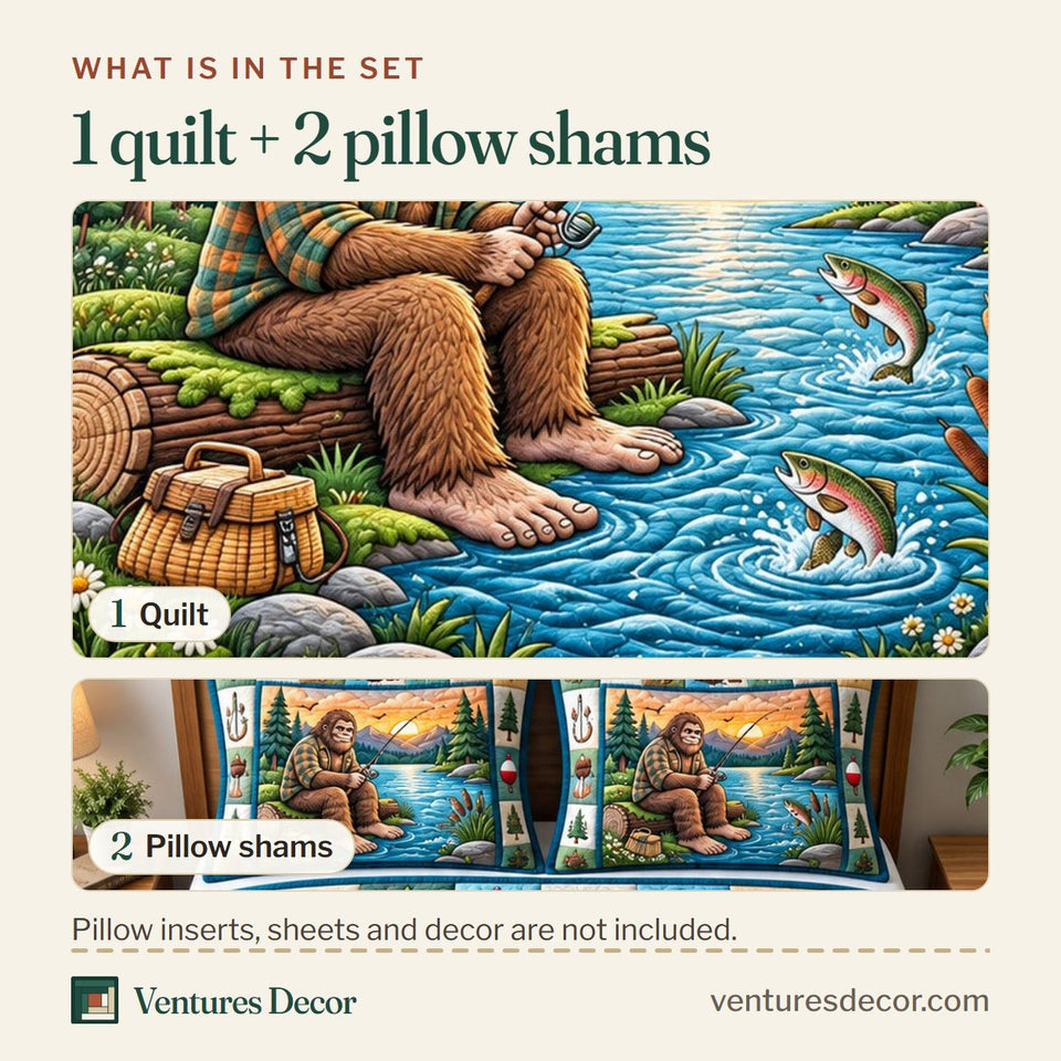 What is in the set: one quilt and two pillow shams, shown in the Forest Legend Bigfoot Quilt Set, 3-Piece Quilted Bedding with 2 Pillow Shams design