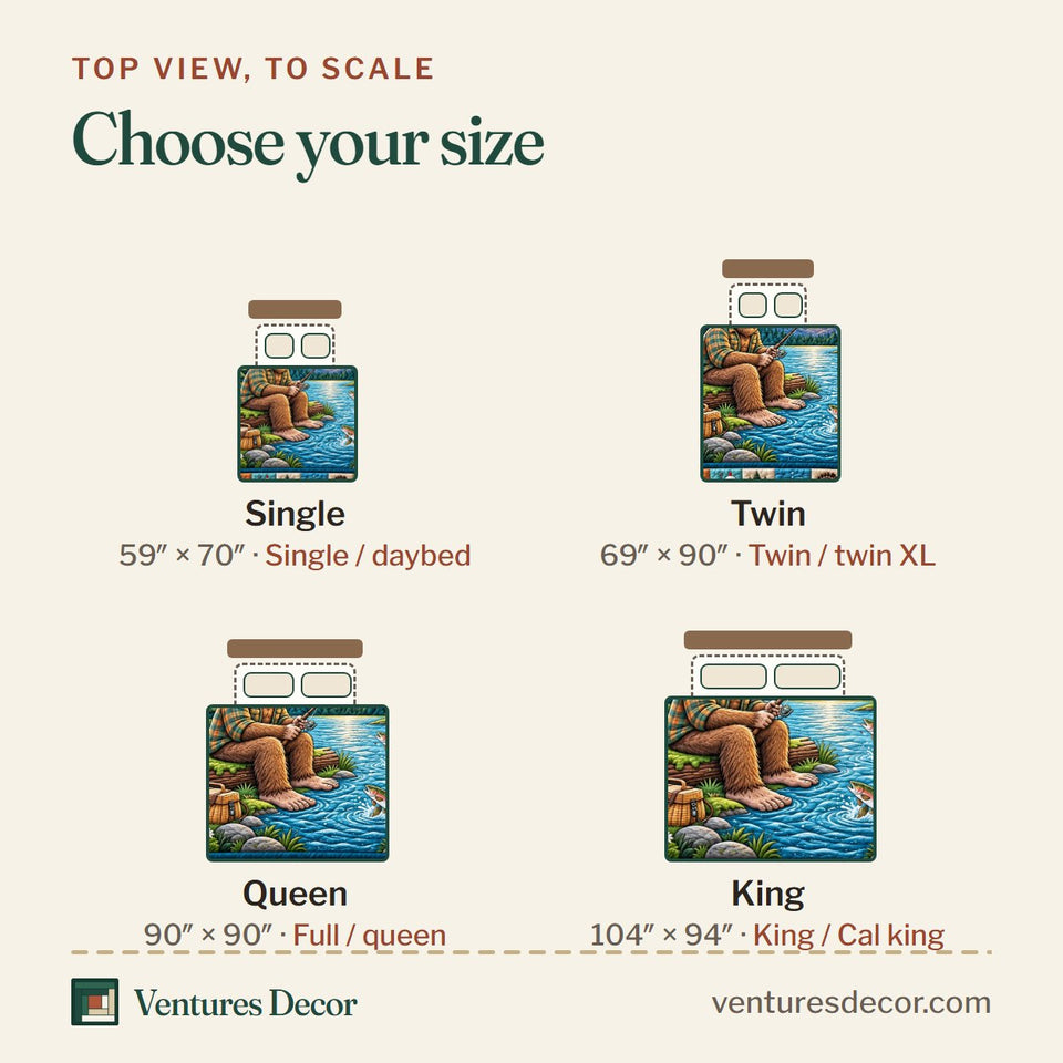 Size guide for the Forest Legend Bigfoot Quilt Set, 3-Piece Quilted Bedding with 2 Pillow Shams quilt, top view to scale: Single 59 x 70 in, Twin 69 x 90 in, Queen 90 x 90 in, King 104 x 94 in