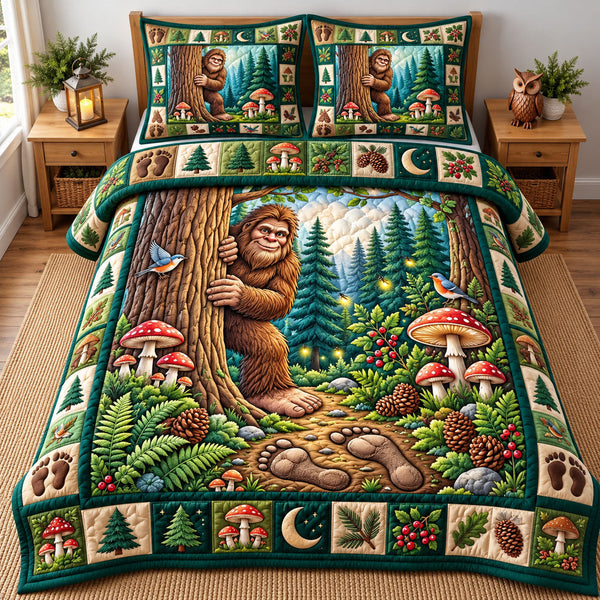 Forest Legend Cryptid quilted bedding set, quilt and two pillow shams on a made bed