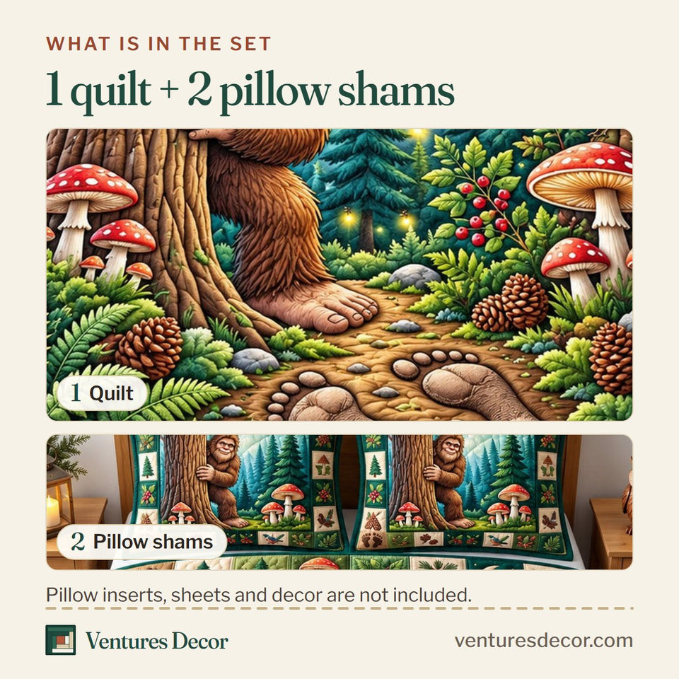 What is in the set: one quilt and two pillow shams, shown in the Forest Legend Cryptid Quilt Set, 3-Piece Quilted Bedding with 2 Pillow Shams design