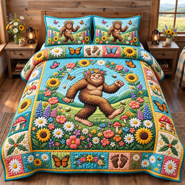Forest Legend Mountain Life quilted bedding set, quilt and two pillow shams on a made bed