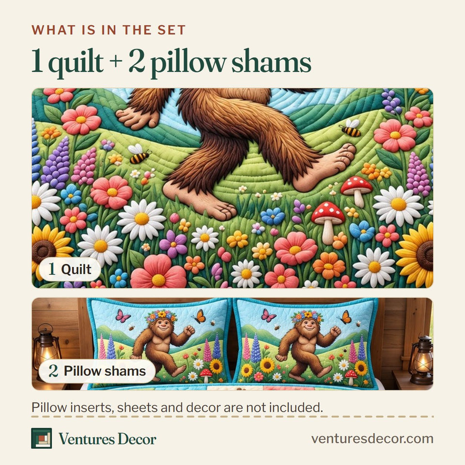 What is in the set: one quilt and two pillow shams, shown in the Forest Legend Mountain Life Quilt Set, 3-Piece Quilted Bedding with 2 Pillow Shams design