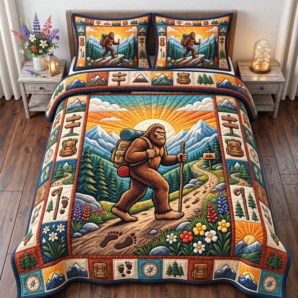 Forest Legend Outdoor Adventure quilted bedding set, quilt and two pillow shams on a made bed