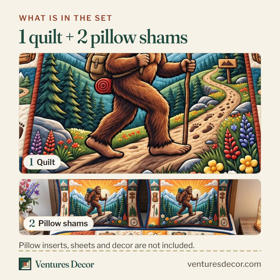 What is in the set: one quilt and two pillow shams, shown in the Forest Legend Outdoor Adventure Quilt Set, 3-Piece Quilted Bedding with 2 Pillow Shams design