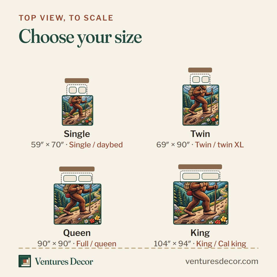 Size guide for the Forest Legend Outdoor Adventure Quilt Set, 3-Piece Quilted Bedding with 2 Pillow Shams quilt, top view to scale: Single 59 x 70 in, Twin 69 x 90 in, Queen 90 x 90 in, King 104 x 94 in