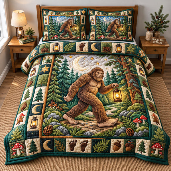 Forest Legend quilted bedding set, quilt and two pillow shams on a made bed
