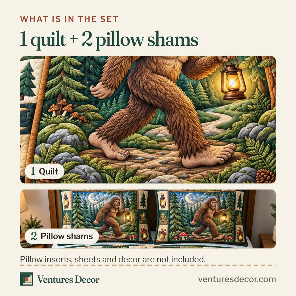 What is in the set: one quilt and two pillow shams, shown in the Forest Legend Quilt Set, 3-Piece Quilted Bedding with 2 Pillow Shams design