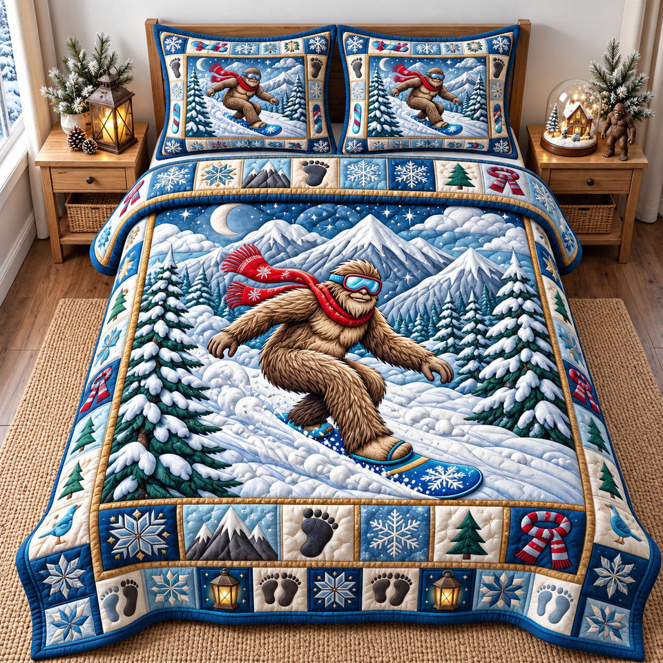 Forest Legend Sasquatch quilted bedding set, quilt and two pillow shams on a made bed