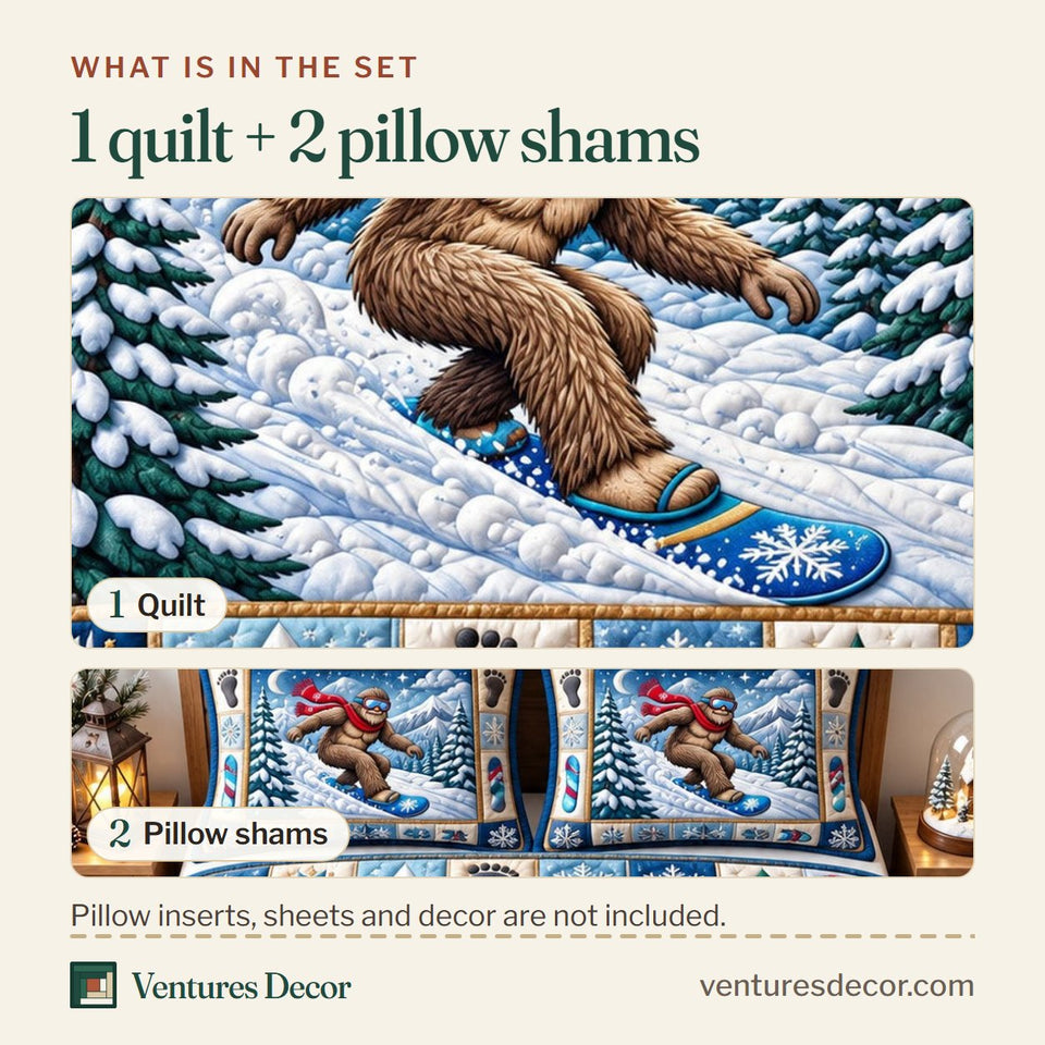 What is in the set: one quilt and two pillow shams, shown in the Forest Legend Sasquatch Quilt Set, 3-Piece Quilted Bedding with 2 Pillow Shams design