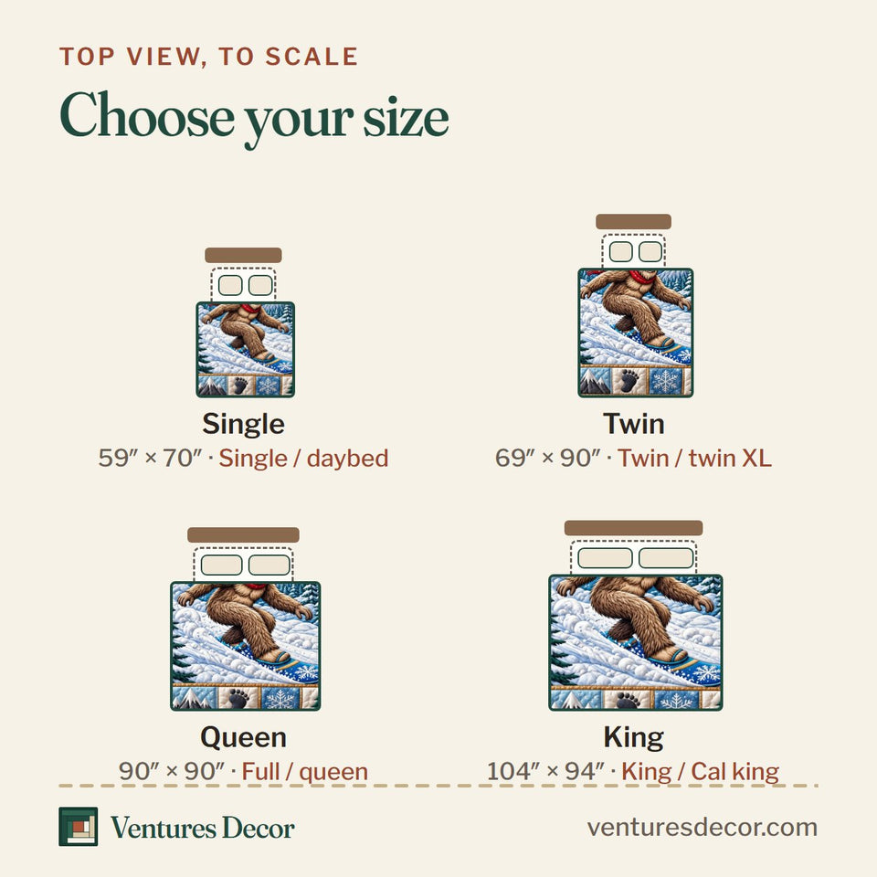 Size guide for the Forest Legend Sasquatch Quilt Set, 3-Piece Quilted Bedding with 2 Pillow Shams quilt, top view to scale: Single 59 x 70 in, Twin 69 x 90 in, Queen 90 x 90 in, King 104 x 94 in