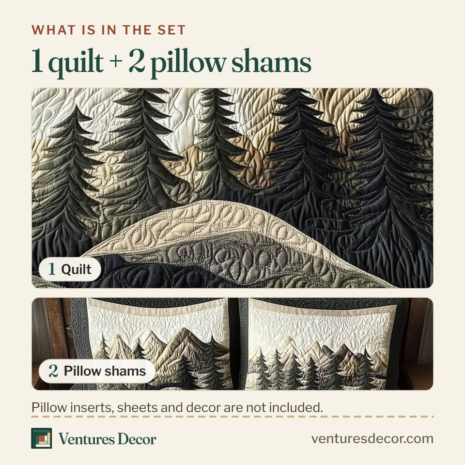 What is in the set: one quilt and two pillow shams, shown in the Forest Lodge Grey Peak Layers design