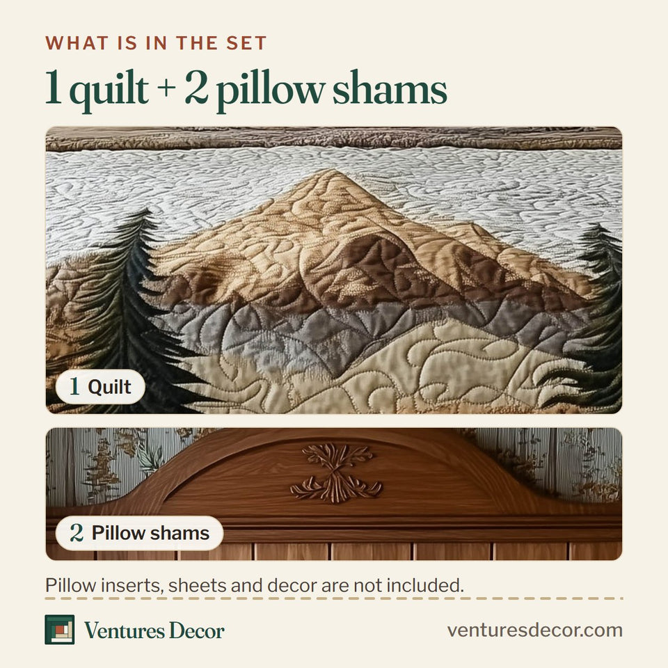 What is in the set: one quilt and two pillow shams, shown in the Forest Lodge Sandstone Slopes design