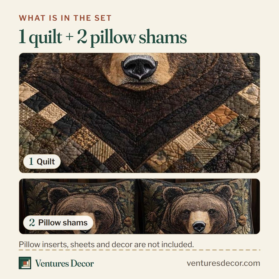 What is in the set: one quilt and two pillow shams, shown in the Forest Monarch Bear Face Diamond Patch design