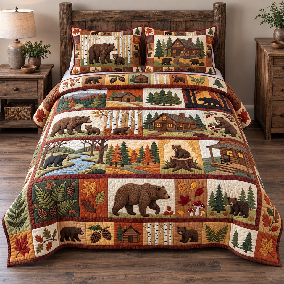 Forest Patchwork Charm quilted bedding set, quilt and two pillow shams on a made bed