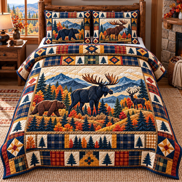 Forest Patchwork in Black quilted bedding set, quilt and two pillow shams on a made bed