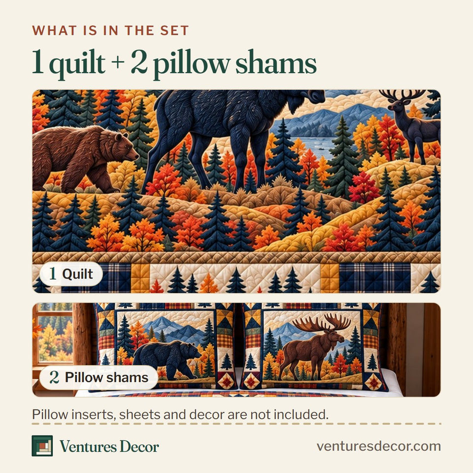 What is in the set: one quilt and two pillow shams, shown in the Forest Patchwork in Black Quilt Set, 3-Piece Quilted Bedding with 2 Pillow Shams design