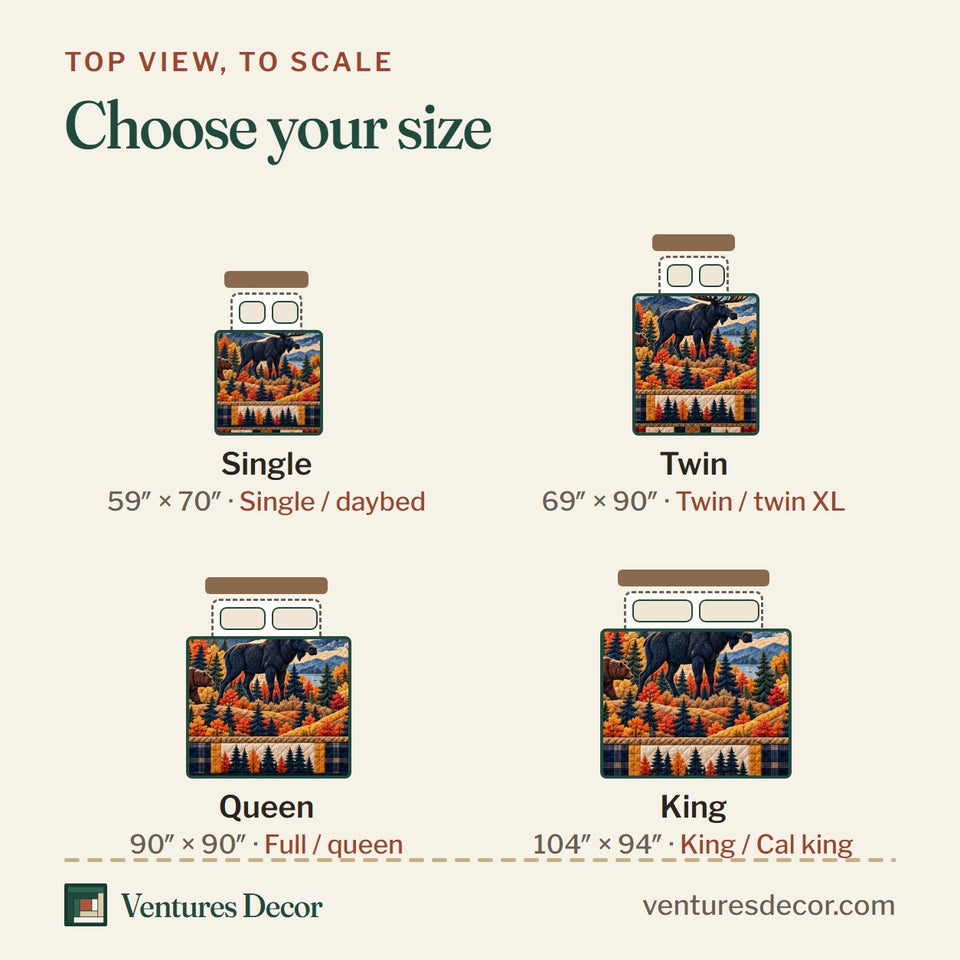 Size guide for the Forest Patchwork in Black Quilt Set, 3-Piece Quilted Bedding with 2 Pillow Shams quilt, top view to scale: Single 59 x 70 in, Twin 69 x 90 in, Queen 90 x 90 in, King 104 x 94 in