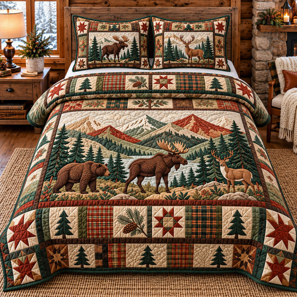 Forest Patchwork in Brown and Charcoal quilted bedding set, quilt and two pillow shams on a made bed