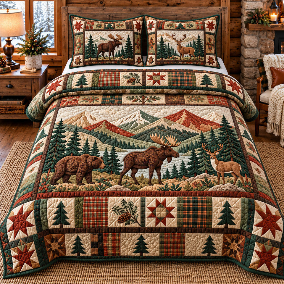 Forest Patchwork in Brown and Charcoal quilted bedding set, quilt and two pillow shams on a made bed