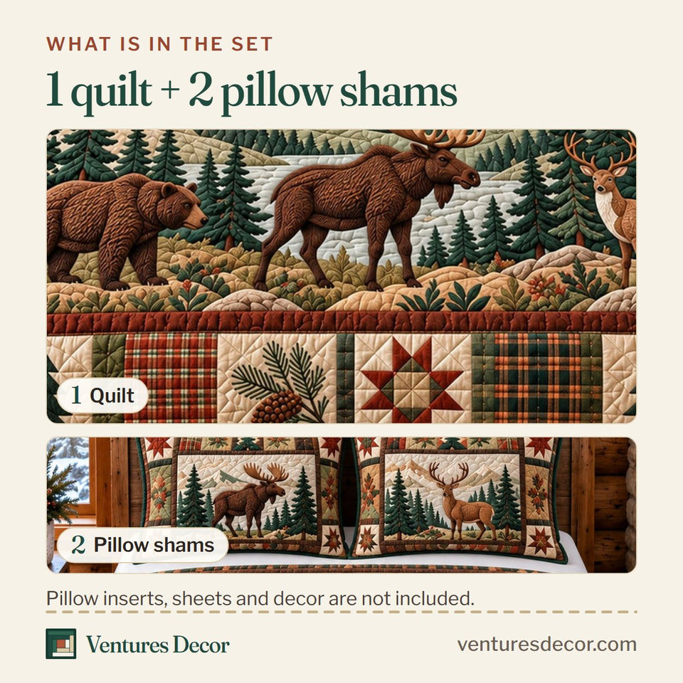 What is in the set: one quilt and two pillow shams, shown in the Forest Patchwork in Brown and Charcoal Quilt Set, 3-Piece Quilted Bedding with 2 Pillow Shams design