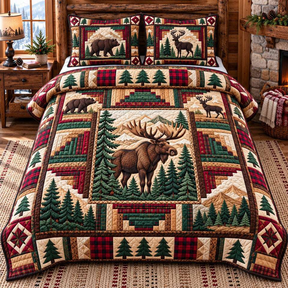 Forest Patchwork in Brown quilted bedding set, quilt and two pillow shams on a made bed