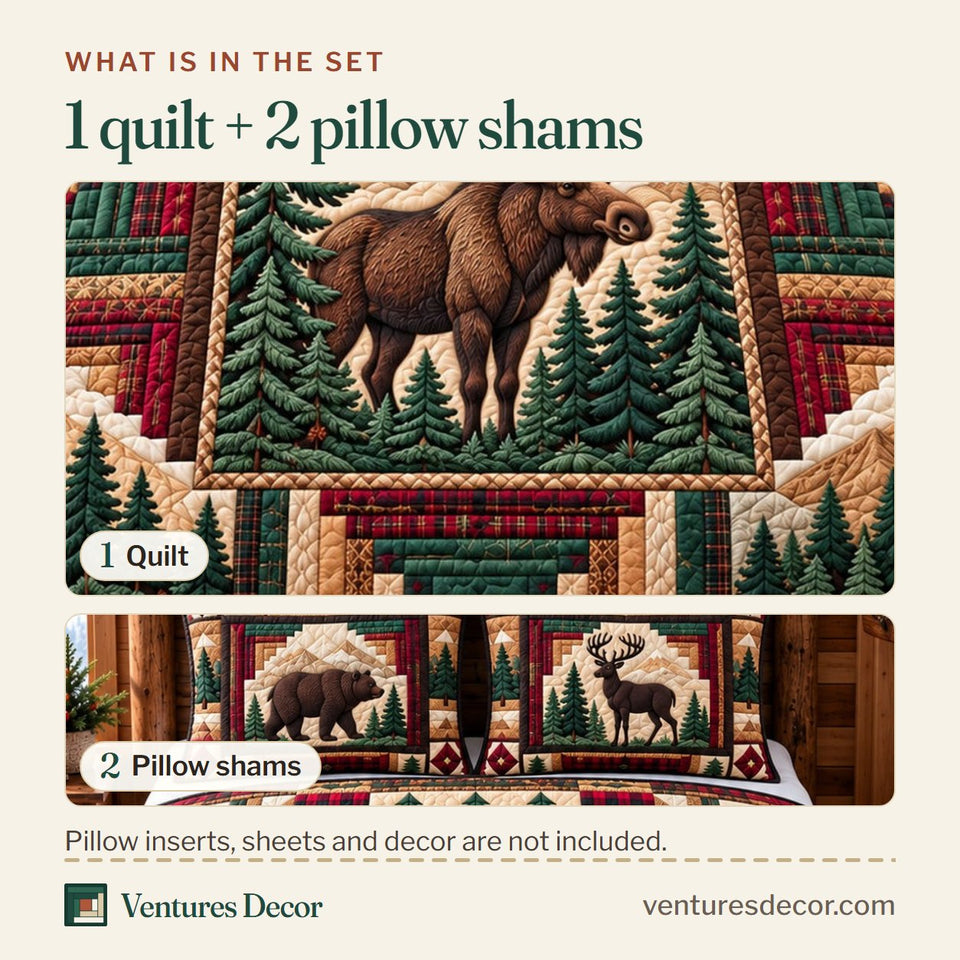 What is in the set: one quilt and two pillow shams, shown in the Forest Patchwork in Brown Quilt Set, 3-Piece Quilted Bedding with 2 Pillow Shams design