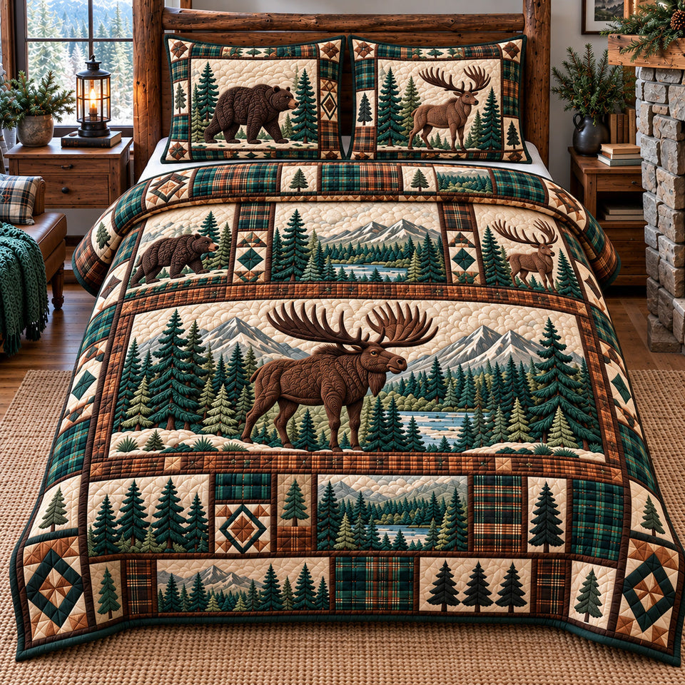 Forest Patchwork in Charcoal quilted bedding set, quilt and two pillow shams on a made bed