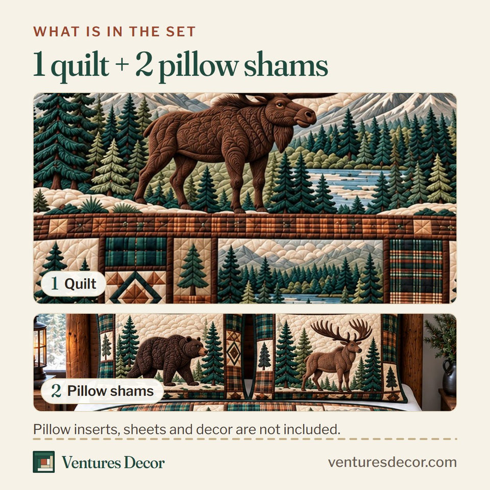 What is in the set: one quilt and two pillow shams, shown in the Forest Patchwork in Charcoal Quilt Set, 3-Piece Quilted Bedding with 2 Pillow Shams design