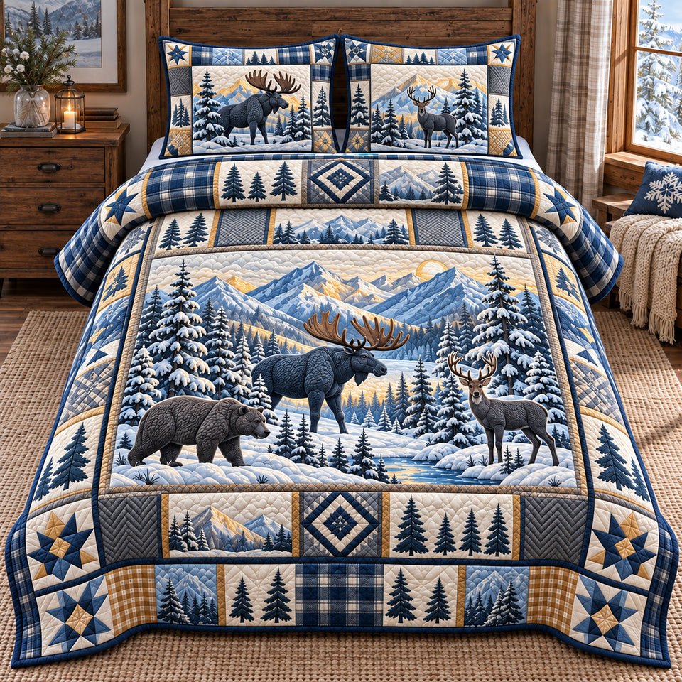 Forest Patchwork in Gray quilted bedding set, quilt and two pillow shams on a made bed